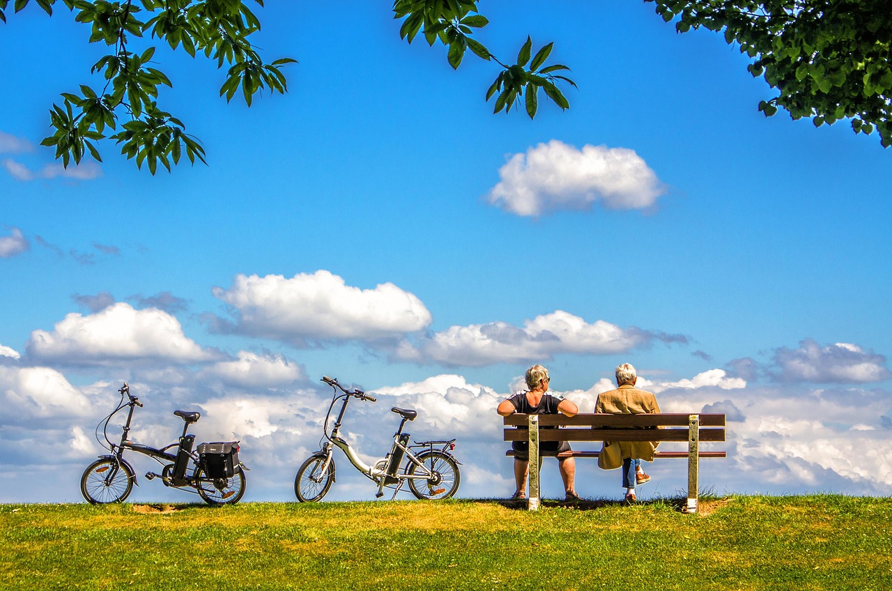 man, woman, bicycle, nature, bike, air, sky, bench, peace, people, couple